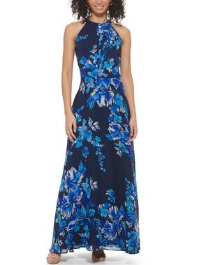 Eliza J Navy Floral Halter Maxi Dress size 8